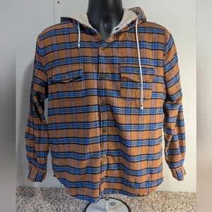 Z Man Plaid Long Sleeve Fleece Hoodie Size Small Snap Pockets Orange Blue